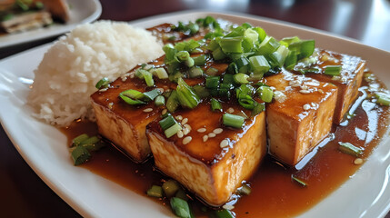 Ginger and soy sauce glazed tofu with green onions and a side of rice.