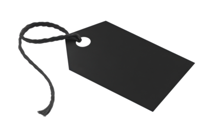 Black blank rectangular tag with string on transparent background