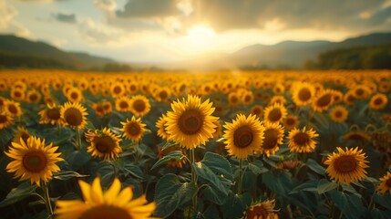 A field of sunflowers bathed in golden sunlight against a backdrop of mountains. AI generative. .
