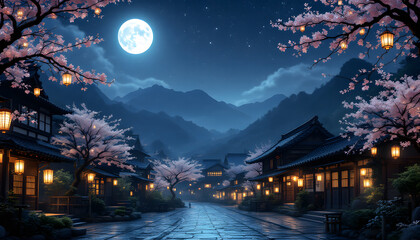 Enchanted Cherry Blossom Village Under the Moon