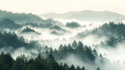 Misty forest with rolling hills and lush trees. AI generative. .