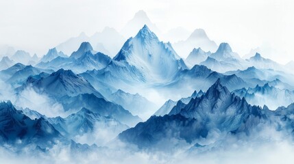 Obraz premium Misty blue mountain range with white peaks. AI generative. .