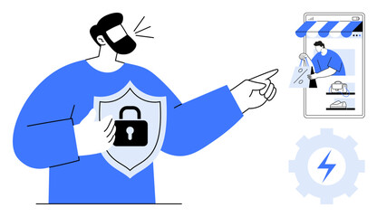 Man holding a shield with a lock, pointing to a mobile store with a padlock. Ideal for e-commerce, cybersecurity, data protection, privacy, online safety, secure transactions, defense strategy