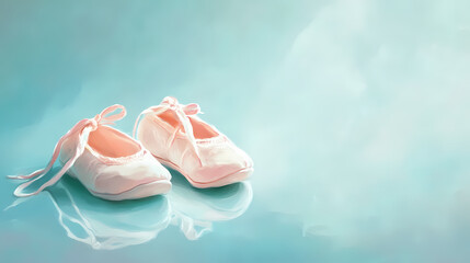 A pair of baby shoes resting on a soft pastel blue background. Pastel Nostalgia. Illustration