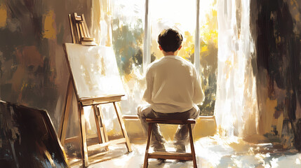 A painter reflecting on their childhood while using soft pastels, symbolizing nostalgia and innocence. Pastel Nostalgia. Illustration
