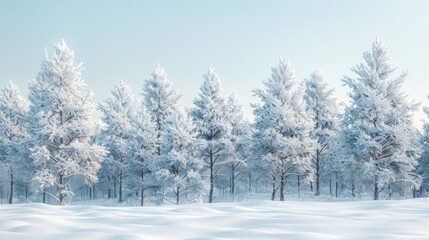 Fototapeta premium A snowy forest with frost-covered trees and a white, snow-covered ground. AI generative. .