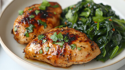Ginger chili sauce glazed grilled chicken with saut&eacute;ed spinach.