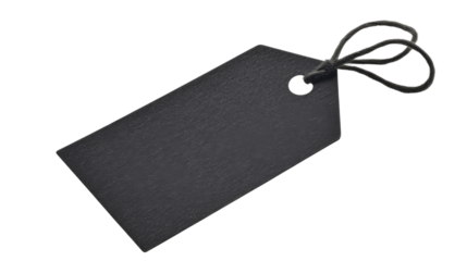Blank black rectangular cardboard price tag with string on transparent background