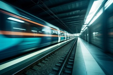 Blurred view of a blue train speeding through a station. AI generative. .