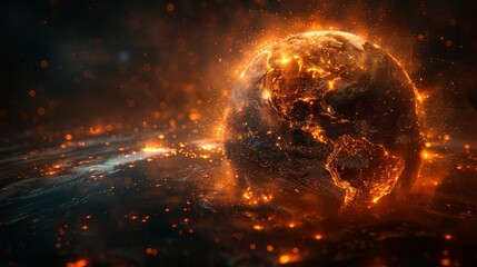 Obraz premium A fiery globe with North America visible and glowing embers surrounding it. AI generative. .