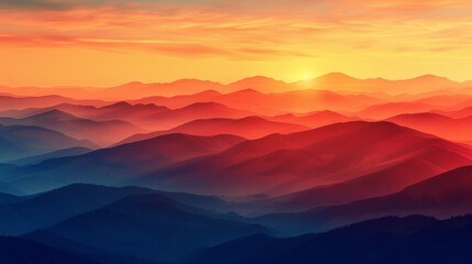 Obraz premium Silhouetted mountain ranges at sunset with warm, orange and red tones. AI generative. .