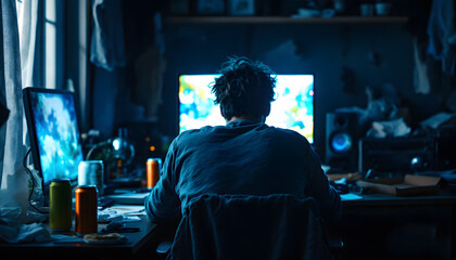 Night Gamer:  A Silhouette of Focus in a dimly lit room, illuminated only by the glow of multiple computer screens.