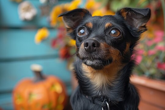 Close-up of a black and brown dog with soft fur and big, curious eyes. AI generative. .