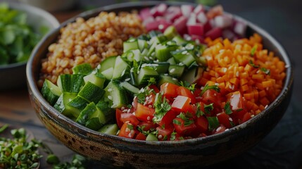 Close up of a salad with cucumber, tomatoes, carrots, red onion, and grains in a rustic bowl. AI generative. .