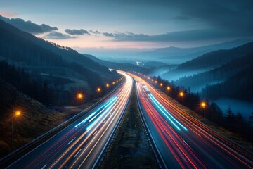 Obraz premium Highway with colorful light trails through mountain valley at night. AI generative. .