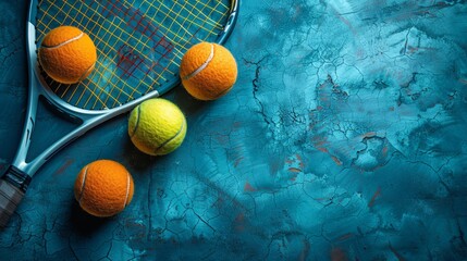 Tennis racket with yellow and orange balls on a cracked teal background. AI generative. .