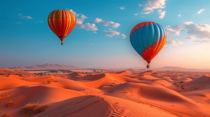 Two hot air balloons fly over vast red sand dunes under a bright blue sky. AI generative. .