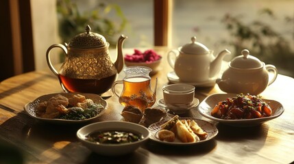 Fototapeta premium Warm Sunset Tea Ceremony: A Delightful Table Setting with Exquisite Teapots, Golden Hour Light, and Scrumptious Dishes