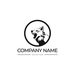 Roaring wolf logo template design with circles and black and white colors