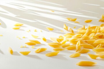 Obraz premium Uncooked penne pasta. Dried italian pasta on white background.