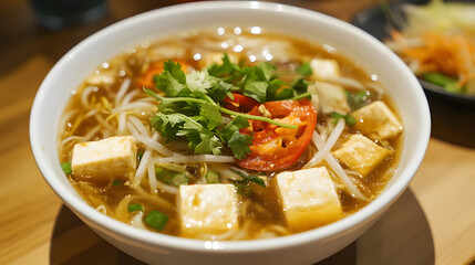 Ginger lemongrass infused rice noodles with tofu and vegetables.