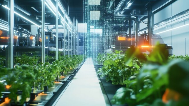 Automated robotic arms are working in an innovative greenhouse, nurturing and monitoring crops, with a holographic projection displaying data analysis, representing advanced agricultural technology