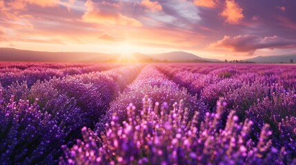 Fototapeta premium A field of purple lavender flowers bathed in golden light at sunset. AI generative. .