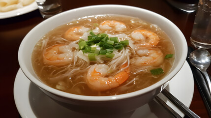 Ginger lemongrass soup with shrimp, served with rice noodles.
