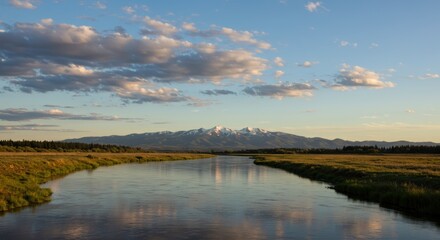 Serene Sunset over the Majestic Mountains and River