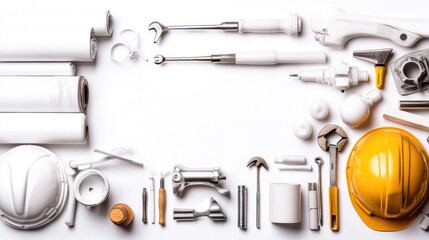 Construction tools arranged on white background