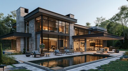 Fototapeta premium Modern house with large windows, a swimming pool and patio furniture. AI generative. .
