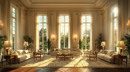 Fototapeta premium Elegant living room with large windows, beige walls, and sunlight streaming through. AI generative. .