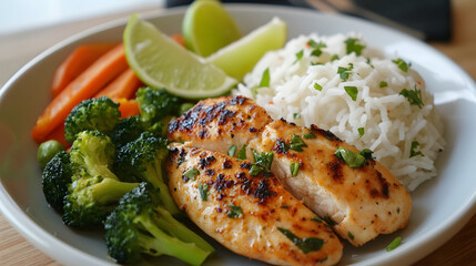 Ginger lime chicken served with coconut rice and steamed vegetables.