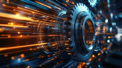 Metal gears are rotating at high speed, generating orange light trails, symbolizing innovative production processes and technological advancement in a futuristic context