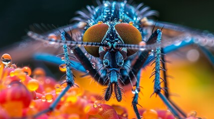 Fototapeta premium Closeup of a blue and orange fly covered in water droplets on a colorful flower. AI generative. .