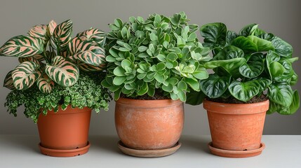Fototapeta premium Three potted plants in terracotta pots, a Calathea, a Sedum, and a Philodendron