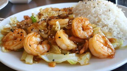 Ginger sesame shrimp stir-fried with cabbage and served with jasmine rice.