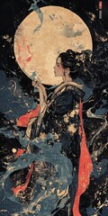 Obraz premium Serene Woman in Kimono before a Full Moon, Japanese Ukiyo-e Style Illustration, Dark Blue Tones, Detailed Hair, Gold Accents, Elegant, Mystical Atmosphere