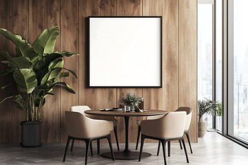 Modern dining area with a blank mock-up poster frame on a wooden wall, contemporary home decor mock-up