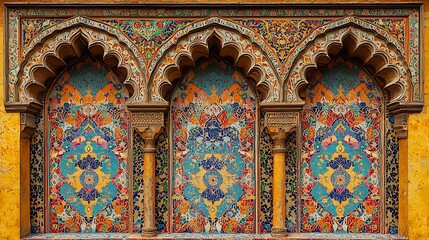 Obraz premium Colorful Moorish architecture, intricate tilework, arches, background wall, design element.