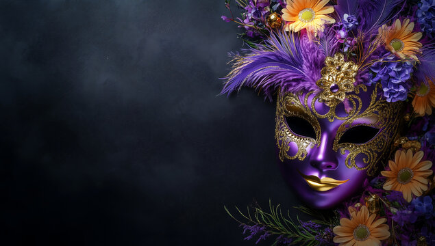 Mardi Gras luxury carnival mask with golden details, feathers, and flowers on a dark background, Venetian masquerade concept