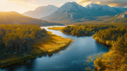 Obraz premium A winding river flows through a valley, surrounded by mountains and autumnal foliage. AI generative. .