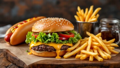 Indulging in a Junk Food Feast Burger, Hotdog, and Fries on Rustic Wood