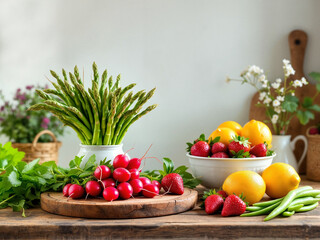 Fresh spring vegetables and fruits on rustic wooden table