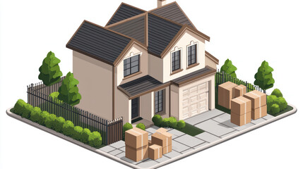 A family moving into new house with boxes outside, showcasing excitement and new beginnings