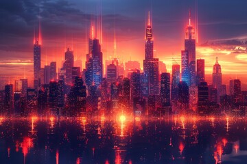 Neon lights illuminate a futuristic cityscape reflected in a glowing body of water. AI generative. .