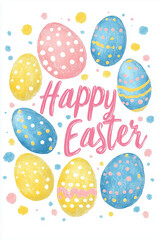 Easter-themed banner with colorful Easter eggs and the words "Happy Easter" in pink cursive script.