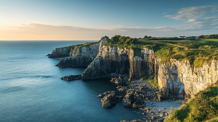 Dramatic coastal cliffs meet the vast ocean under a serene evening sky at dusk