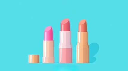 A colorful array of lipsticks in various shades stands against a vibrant blue background, showcasing different sizes and styles of cosmetic products.