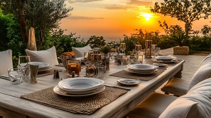 Fototapeta premium Sunset Dinner on a Hilltop: An Exquisite Outdoor Dining Experience